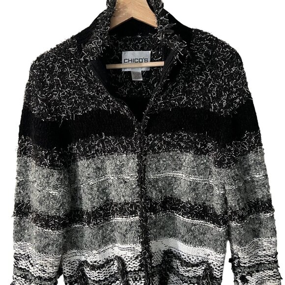 Chicos Full Zip Cardigan Jacket Size 1 Medium Boucle Yarn Textured Tweed Fringe - Picture 3 of 7